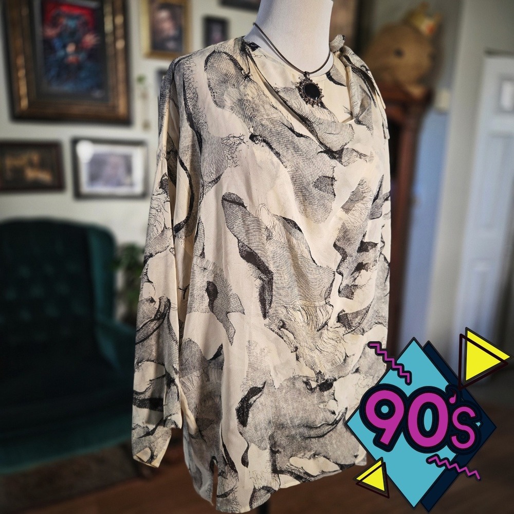Vintage 90s Apropos Sheer 100% Silk Abstract Art Wrap Blouse Boho‎ Witchy Top